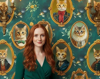 Vintage Cat Wallpaper Green Portrait Mural Victorian Wall Paper Gold Frame Peel Stick Renter Friendly Removable