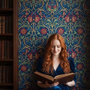 May include: A person with long red hair wearing a dark blue velvet dress, reading an open book. The background features a dark blue wallpaper with a repeating pattern of red flowers, green leaves, and pomegranates, next to a wooden bookshelf.