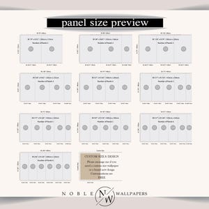 May include: A panel size preview chart for wallpaper featuring various rectangular configurations with labeled widths and heights in inches and centimetres. The chart displays options ranging from two to six panels, including a custom size box.