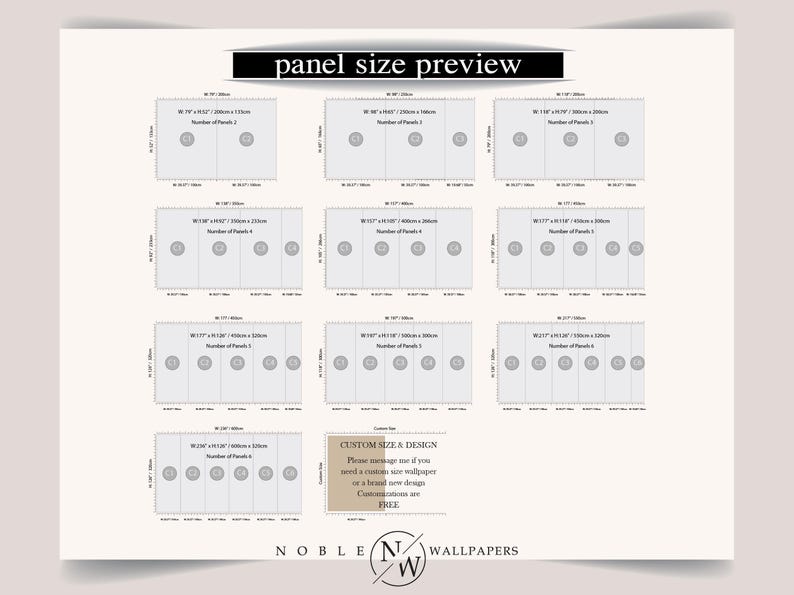 May include: A panel size preview chart for wallpaper featuring various rectangular configurations with labeled widths and heights in inches and centimetres. The chart displays options ranging from two to six panels, including a custom size box.