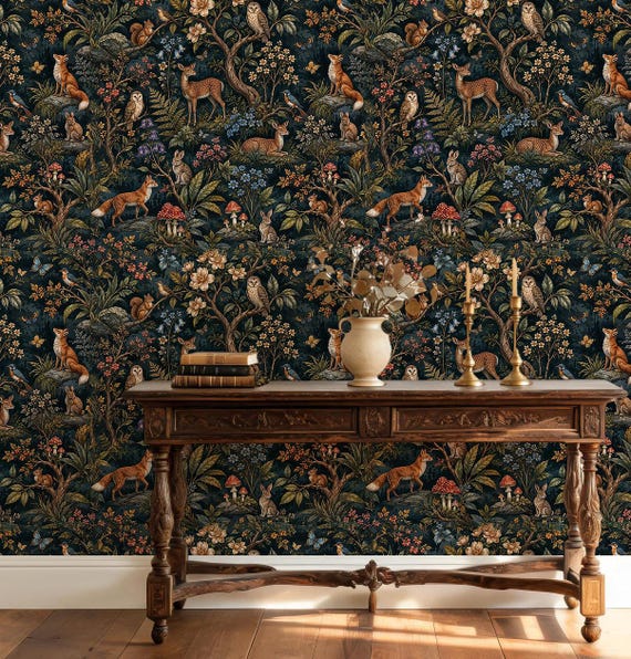 Woodland Wallpaper Dark Forest Mural Whimsical Animals Wall Paper Cottagecore Peel Stick Removable