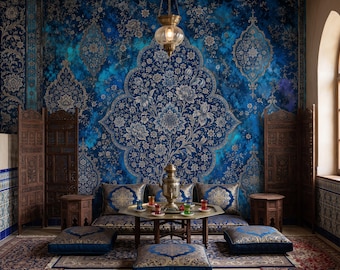 Indian Floral Wallpaper Navy Blue Ornamental Mural Vintage Medallion Peel Stick Removable Wall Paper