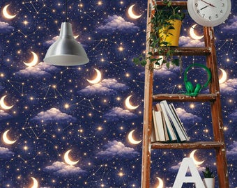 Celestial Wallpaper Moon Stars Wall Paper Nursery Constellation Mural Peel Stick Removable