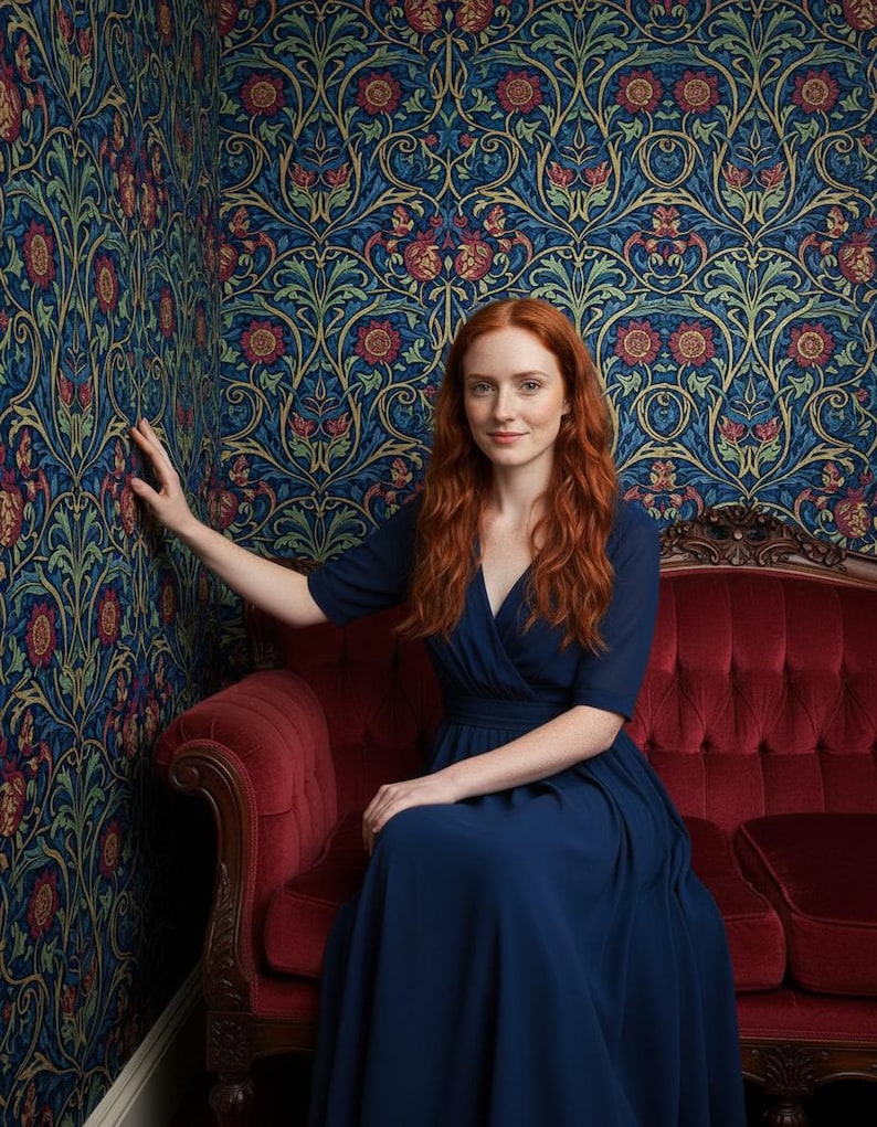 May include: A navy blue wrap dress with elbow-length sleeves and a flowing skirt. The dress features a V-neckline and a fitted waist, crafted from a solid-colored fabric that drapes down to the floor, creating a clean and simple silhouette.