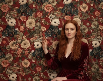 Whimsical Wallpaper Animal Peel Stick Floral Mural Burgundy Woodland Wall Paper Removable