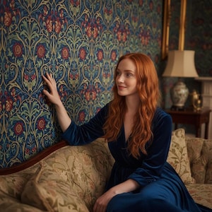 May include: A long-sleeved, deep blue velvet dress with a V-neckline and a wrap-style bodice. The fabric has a smooth, reflective texture, and the garment features a fitted waist that transitions into a flowing skirt, reaching down to the floor.