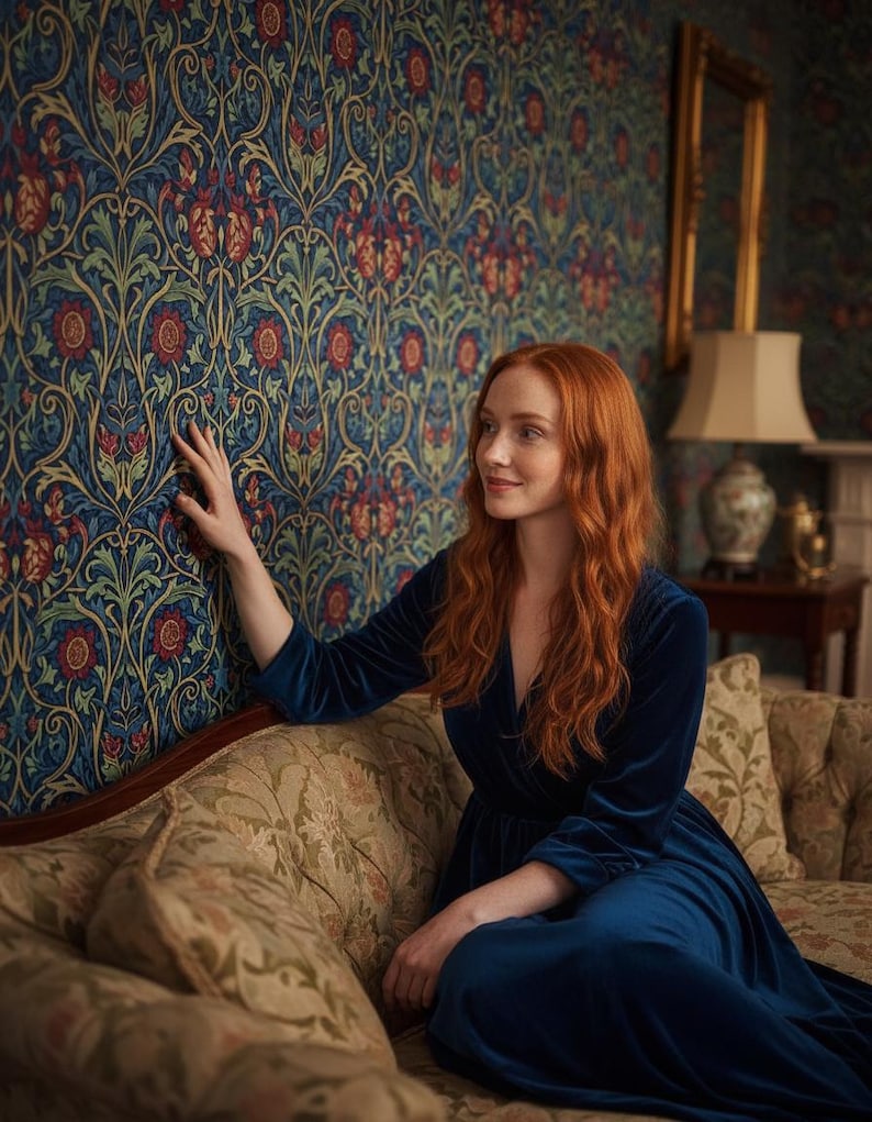 May include: A long-sleeved, deep blue velvet dress with a V-neckline and a wrap-style bodice. The fabric has a smooth, reflective texture, and the garment features a fitted waist that transitions into a flowing skirt, reaching down to the floor.