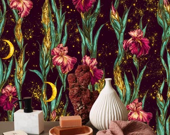 Celestial Boho Wallpaper Botanical Peel Stick Moon Wallpaper Dark Floral Removable Wall Mural