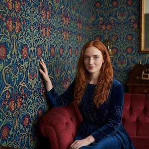 May include: A long-sleeved navy blue velvet dress featuring subtle tonal embroidery on the bodice and sleeves. The dress has a round neckline and a fitted waist that flows into a full skirt, worn while seated on a deep red tufted velvet sofa.