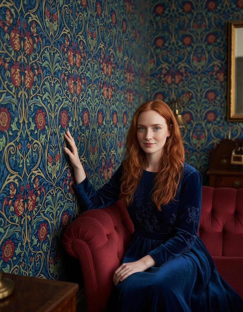 May include: A long-sleeved navy blue velvet dress featuring subtle tonal embroidery on the bodice and sleeves. The dress has a round neckline and a fitted waist that flows into a full skirt, worn while seated on a deep red tufted velvet sofa.