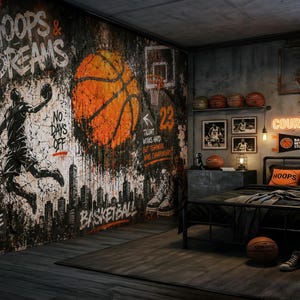 May include: A bedroom wall mural featuring a large orange basketball, a silhouette of a player, and text including "HOOPS & DREAMS," "PLAY HARD OR GO HOME," and "NO DAYS OFF." The room includes a black metal bed frame, basketballs, and neon signage.