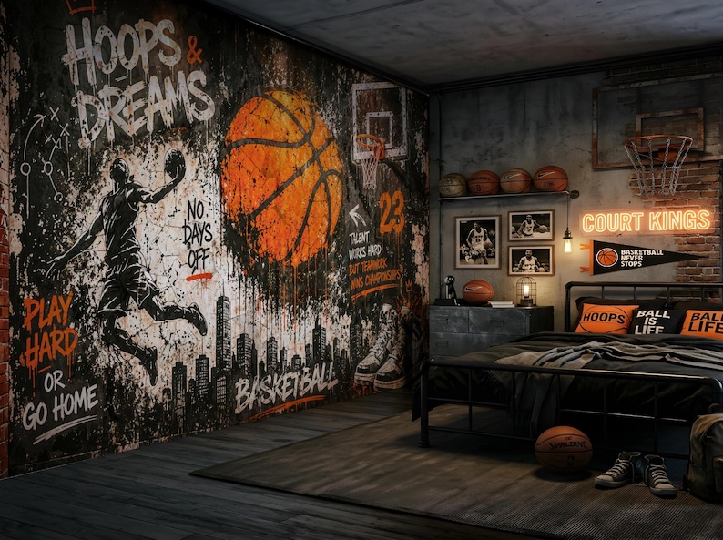 May include: A bedroom wall mural featuring a large orange basketball, a silhouette of a player, and text including "HOOPS & DREAMS," "PLAY HARD OR GO HOME," and "NO DAYS OFF." The room includes a black metal bed frame, basketballs, and neon signage.