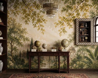 Vintage Garden Mural Wallpaper: Sage Green Botanical Trees, River Gazebo (Peel & Stick)