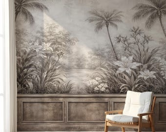 Tropical Palm Wallpaper, Vintage Jungle Wall Mural, Beige Botanical Wallpaper, Peel and Stick Removable Decor