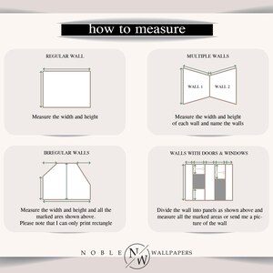 May include: An instructional infographic titled how to measure with four diagrams showing techniques for measuring regular walls, multiple walls, irregular walls, and walls with doors and windows, featuring the Noble Wallpapers logo at the bottom.