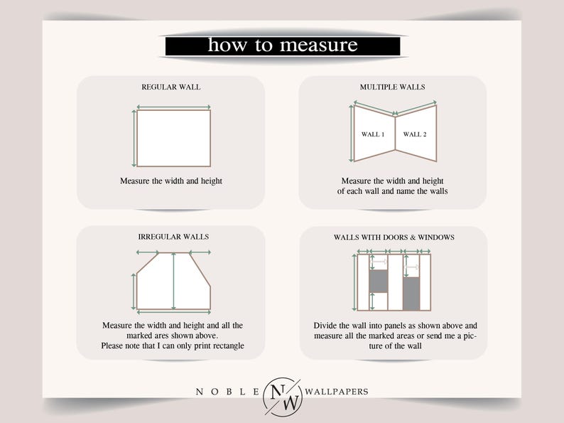 May include: An instructional infographic titled how to measure with four diagrams showing techniques for measuring regular walls, multiple walls, irregular walls, and walls with doors and windows, featuring the Noble Wallpapers logo at the bottom.