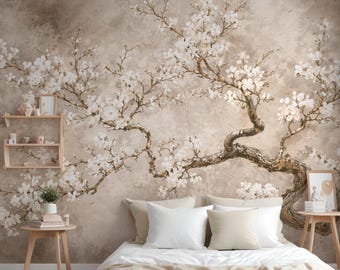 Mural chinoiserie removible, tapiz de papel tapiz beige con árbol, papel tapiz autoadhesivo