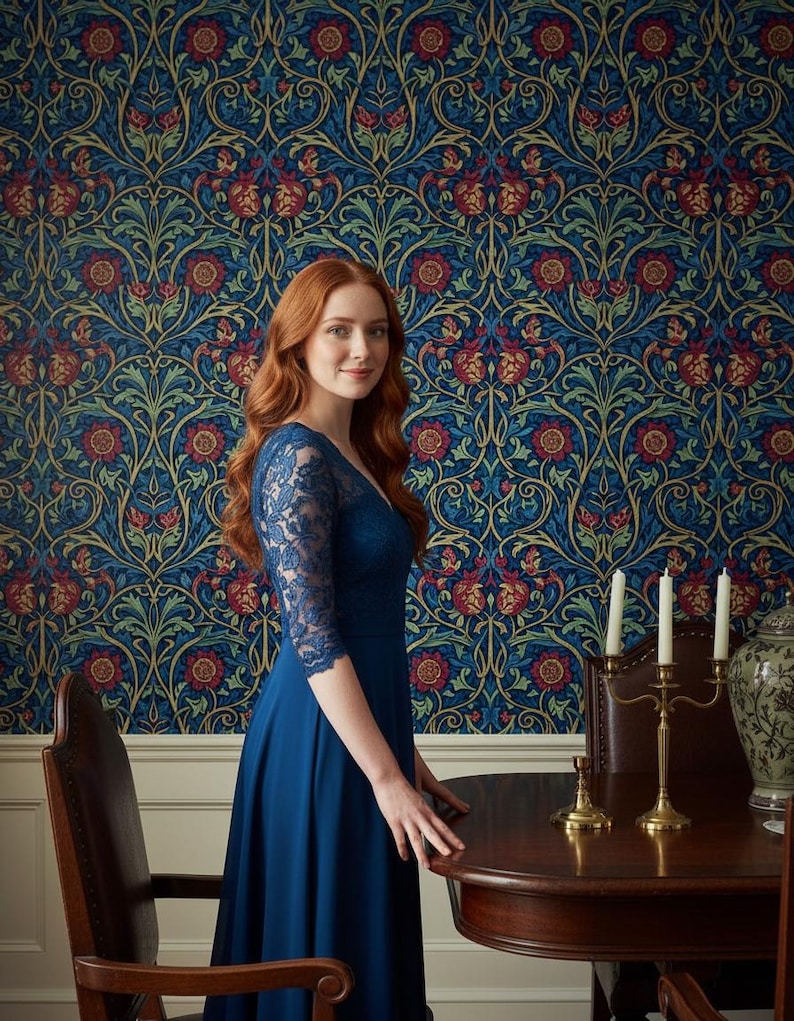 May include: A dark blue dress featuring a lace bodice with three-quarter length sleeves and a solid, flowing skirt. The garment has a V-neckline and is constructed with a fitted waist that transitions into a full, floor-length skirt silhouette.
