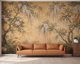 Vintage Chinoiserie Mural Wallpaper, Peel and Stick Asian Garden Wall Art, Classical Romantic Floral Scene, Renaisssance Style