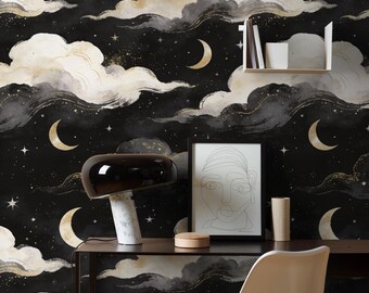 Moon Cloud Wallpaper:  Dark Sky Peel and Stick Wall Paper Celestial Night Mural Removable