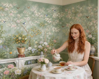 Chinoiserie Mural Landscape Wallpaper Garden Peel and Stick Scenic Wall Paper Floral Removable