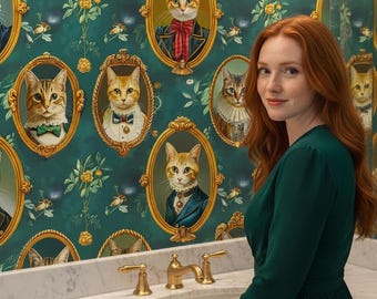 Papel pintado vintage de gato, mural de retrato verde, papel pintado victoriano con marco dorado, autoadhesivo, ideal para inquilinos y removible.