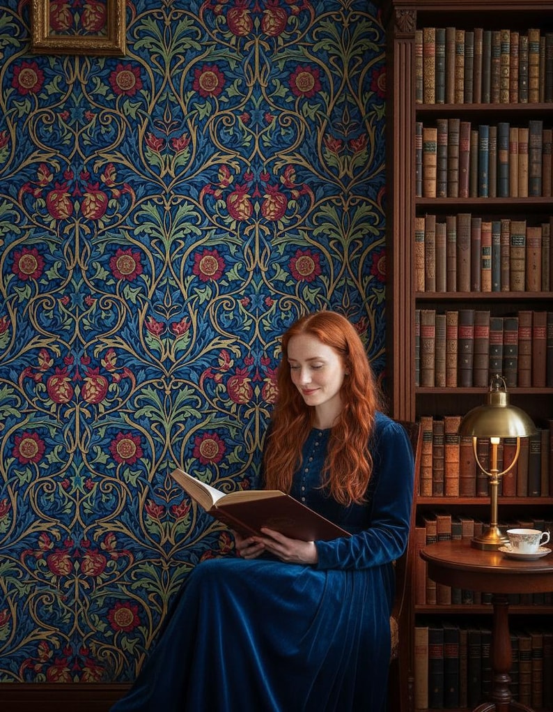 May include: A long-sleeved blue velvet dress worn by a person with long red hair reading an open book. The background features dark blue wallpaper with a repeating floral pattern of red flowers and green leaves, alongside a wooden bookshelf.