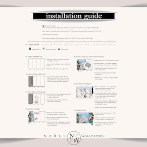 May include: An installation guide for wallpaper featuring black text and diagrams on a white background. The document outlines eight steps for wall preparation, panel alignment, paste application, and finishing, including a 1.27 cm overlap instruction.