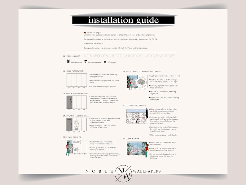 May include: An installation guide for wallpaper featuring black text and diagrams on a white background. The document outlines eight steps for wall preparation, panel alignment, paste application, and finishing, including a 1.27 cm overlap instruction.