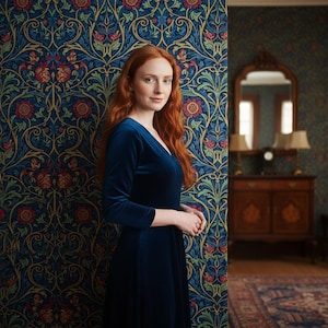 May include: A long-sleeved, deep blue velvet dress with a V-neckline. The garment features a fitted bodice that transitions into a flowing skirt, crafted from a soft, light-reflecting fabric that creates subtle highlights across the surface.
