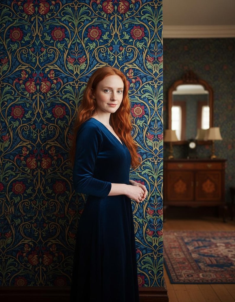 May include: A long-sleeved, deep blue velvet dress with a V-neckline. The garment features a fitted bodice that transitions into a flowing skirt, crafted from a soft, light-reflecting fabric that creates subtle highlights across the surface.