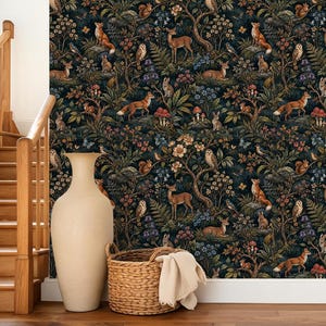 Woodland Wallpaper Dark Forest Mural Whimsical Animals Wall Paper Cottagecore Peel Stick Removable image 4
