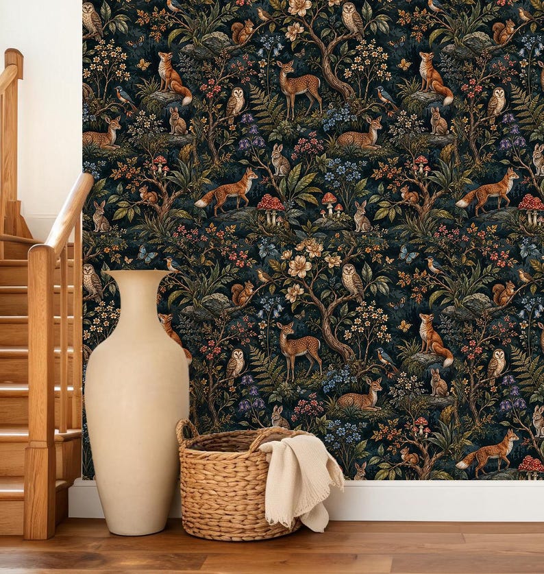 Woodland Wallpaper Dark Forest Mural Whimsical Animals Wall Paper Cottagecore Peel Stick Removable image 4
