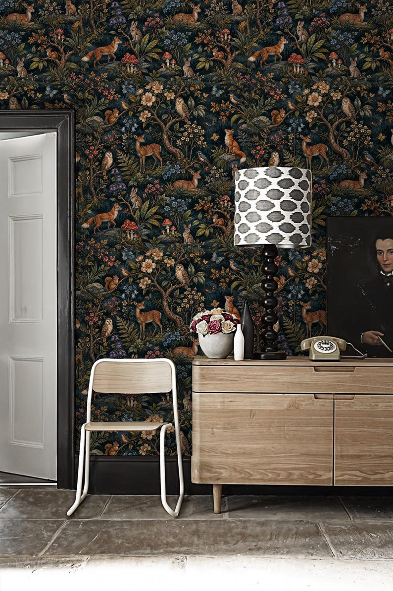 Woodland Wallpaper Dark Forest Mural Whimsical Animals Wall Paper Cottagecore Peel Stick Removable image 2