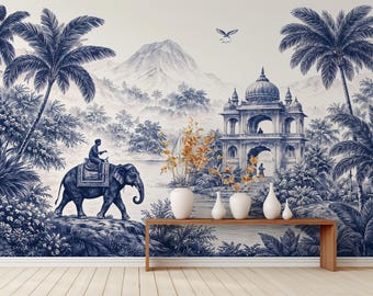 Indian Peel and Stick Wallpaper Mughal Wall Mural Blue Elephant Palace Wall Paper Landscape
