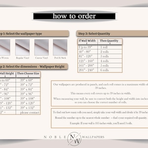 May include: An instructional guide titled how to order for Noble Wallpapers. It features three steps for selecting wallpaper type, height, and quantity, including tables with imperial measurements in inches and a text box explaining roll coverage.