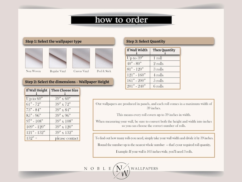 May include: An instructional guide titled how to order for Noble Wallpapers. It features three steps for selecting wallpaper type, height, and quantity, including tables with imperial measurements in inches and a text box explaining roll coverage.