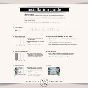 May include: An installation guide for peel and stick wallpaper featuring seven numbered steps. The document includes text instructions, diagrams of wall panels labelled C1 through C4, and the Noble Wallpapers logo at the bottom centre.