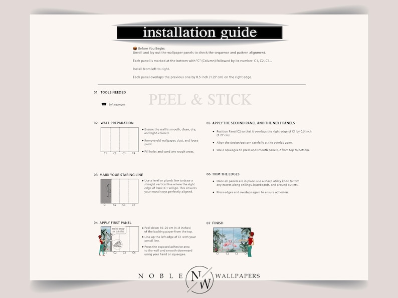 May include: An installation guide for peel and stick wallpaper featuring seven numbered steps. The document includes text instructions, diagrams of wall panels labelled C1 through C4, and the Noble Wallpapers logo at the bottom centre.