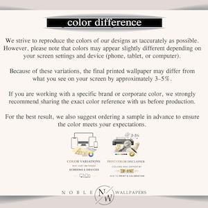 May include: An informational graphic titled color difference explaining that printed wallpaper colours may vary by 3-5% from screen displays. It includes icons for colour variations and print colour disclaimer, ending with the Noble Wallpapers logo.