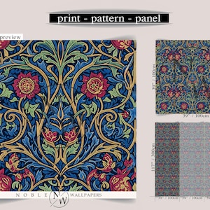 May include: Wallpaper featuring a dark blue background with intricate red flowers and green foliage. The image displays a print preview measuring 20 inches by 51 inches, a pattern preview at 39 inches by 100 inches, and a panel preview at 117 inches by 300 inches.