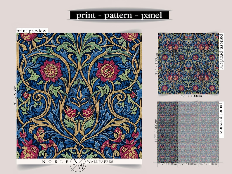 May include: Wallpaper featuring a dark blue background with intricate red flowers and green foliage. The image displays a print preview measuring 20 inches by 51 inches, a pattern preview at 39 inches by 100 inches, and a panel preview at 117 inches by 300 inches.
