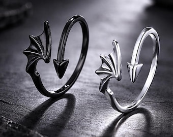 Dragon Couple Rings Set: Black White Adjustable Gothic Matching Jewelry
