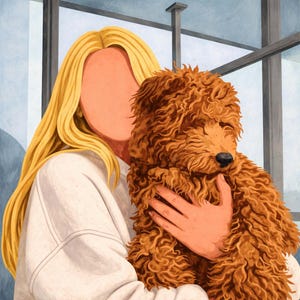 May include: A digital illustration of a person with long blonde hair and a faceless head wearing a white sweatshirt, holding a fluffy brown curly-haired dog. The artwork features a clean, modern aesthetic with soft lighting and a simple background.