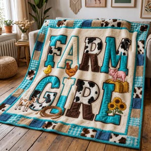 Farm Girl Blanket, Cow Print Flannel Fleece Blanket, Farm Animal Patchwork Throw, Country Girl Gift, Farmhouse Blanket for Girls Daughter
