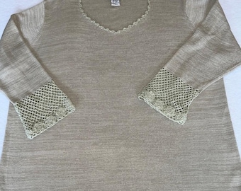 Clio II Silk Cotton Knit Top 2X Champagne Crochet Trim Quiet Luxury Minimalist