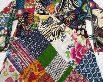 Vintage Boho Patchwork Cotton Tunic V-Neck Multi-Color Eclectic Print Tie Cuff L