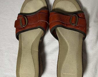 Merrell Sundial Autumn Slide Sandals Red Leather Air Cushion Comfort Wedge Sz 10