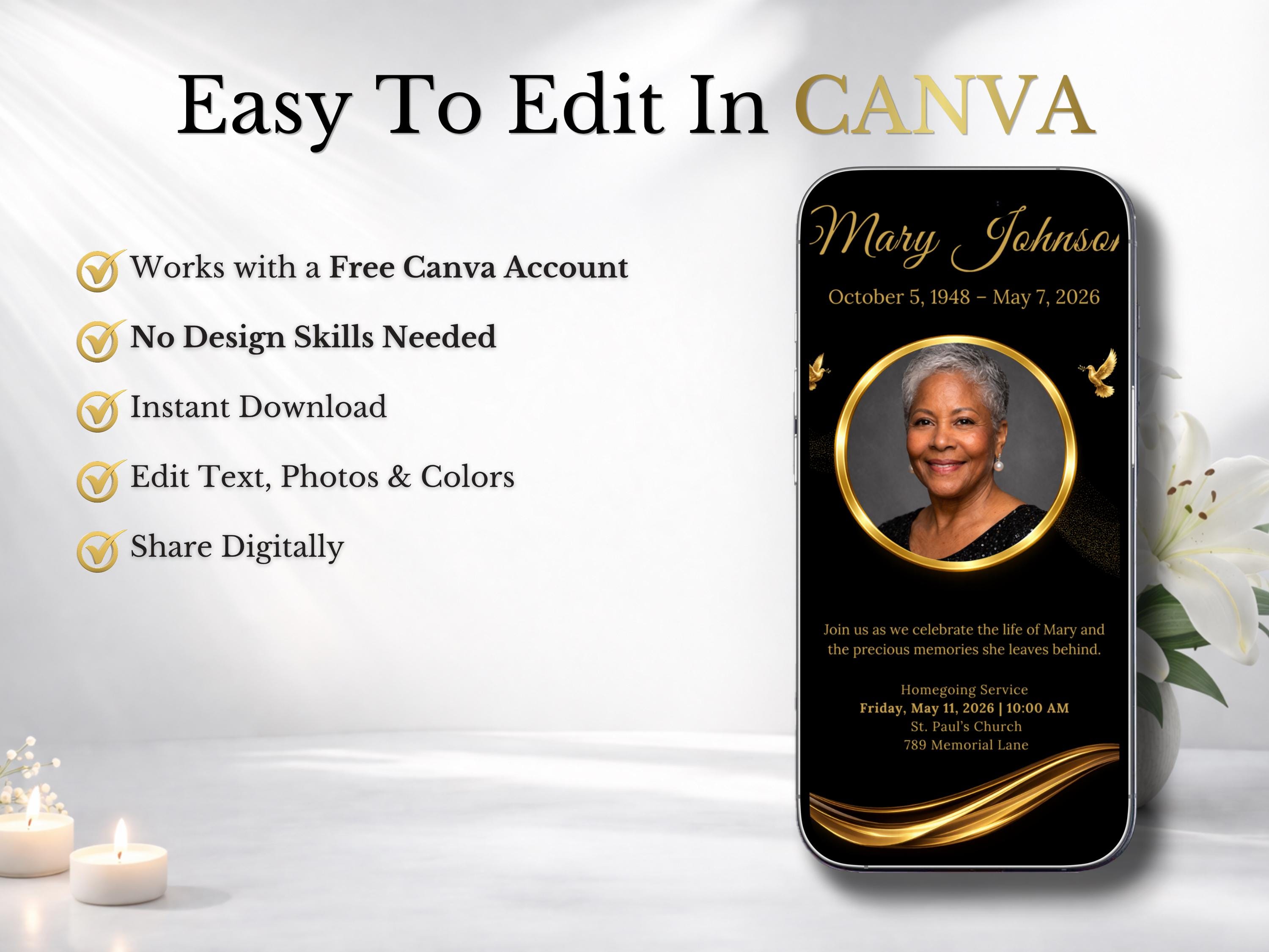 Editable Funeral Invitation Template Black Gold Canva Obituary Invite ...