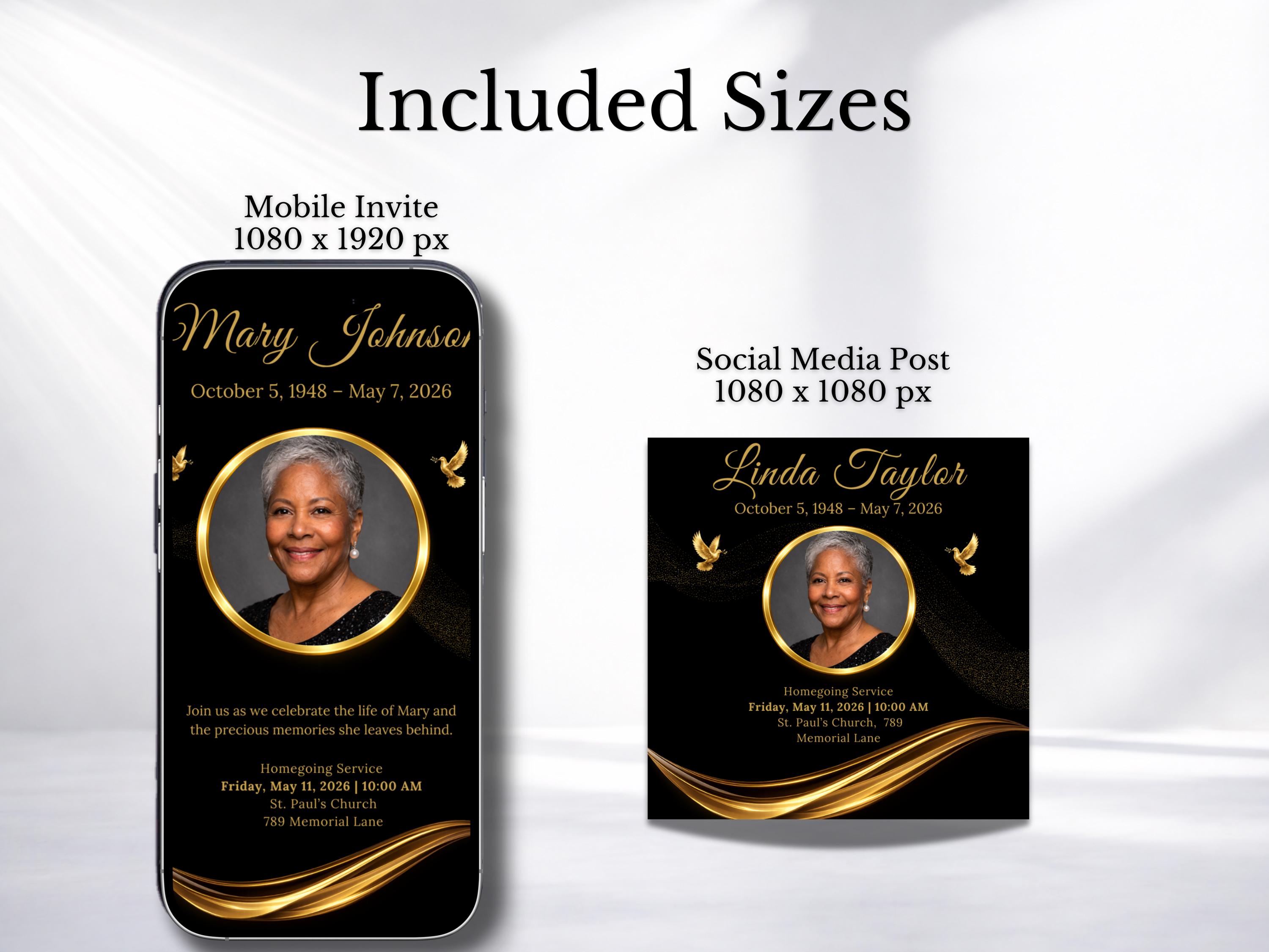 Editable Funeral Invitation Template Black Gold Canva Obituary Invite ...
